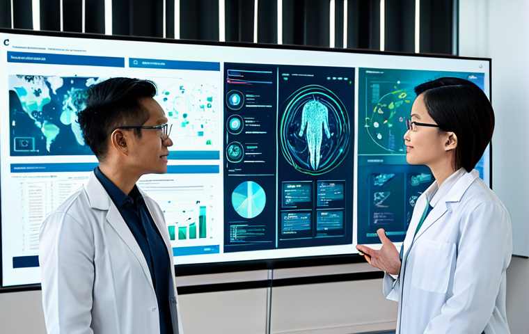 A diverse group of Malaysian professionals, including a female medical researcher in a modest lab coat, a male AI developer in a professional shirt, and a male regulatory official in business attire, are gathered around a large interactive digital screen in a modern, collaborative workspace. The screen displays complex, abstract medical data visualizations and conceptual AI models, illustrating a transparent certification process for medical AI. They are engaged in a serious and collaborative discussion, gesturing towards the screen. The setting is bright and professional, suggesting innovation and robust oversight. All individuals are fully clothed, appropriate attire, professional dress, safe for work, appropriate content, perfect anatomy, correct proportions, natural pose, well-formed hands, proper finger count, natural body proportions, professional photography, high quality.
